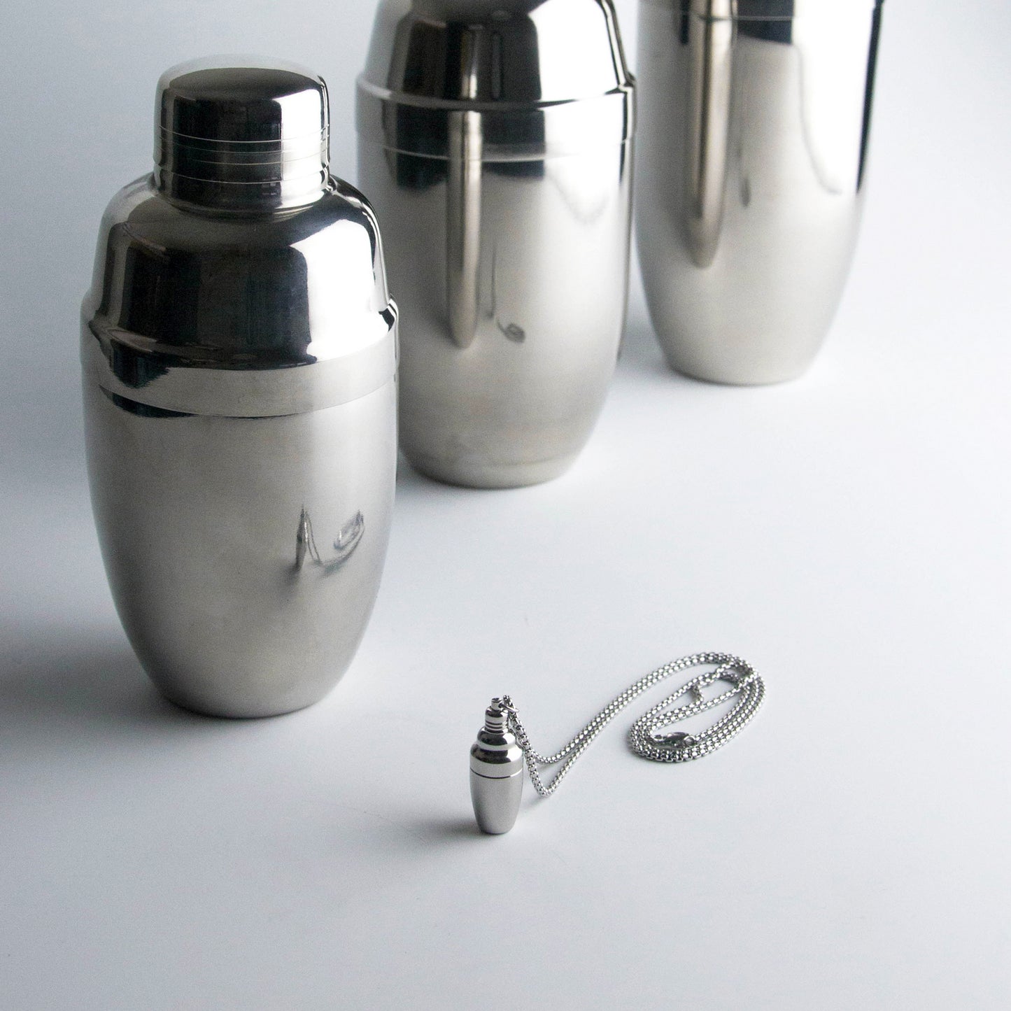 Smallest Cocktail Shaker Ever Necklace Pendant comparison with full size cocktail shakers by Broken Bartender
